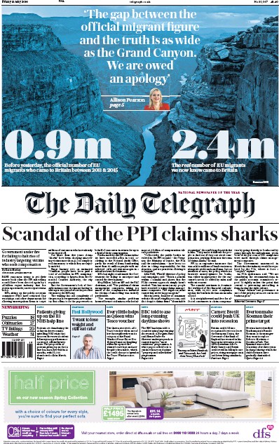 The Daily Telegraph Newspaper Front Page (UK) for 13 May 2016