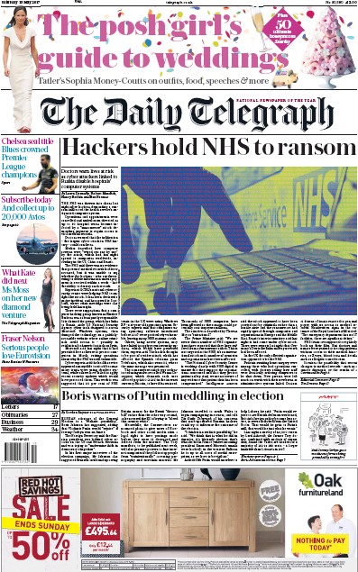 The Daily Telegraph Newspaper Front Page (UK) for 13 May 2017