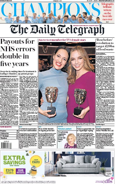 The Daily Telegraph Newspaper Front Page (UK) for 13 May 2019