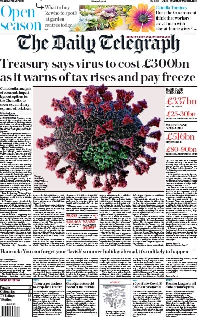 The Daily Telegraph Newspaper Front Page (UK) for 13 May 2020