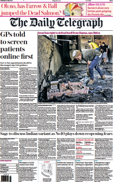 The Daily Telegraph Newspaper Front Page (UK) for 13 May 2021