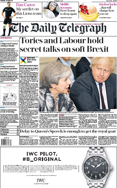 The Daily Telegraph Newspaper Front Page (UK) for 13 June 2017
