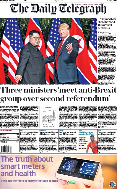 The Daily Telegraph Newspaper Front Page (UK) for 13 June 2018