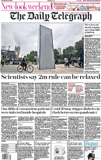The Daily Telegraph Newspaper Front Page (UK) for 13 June 2020