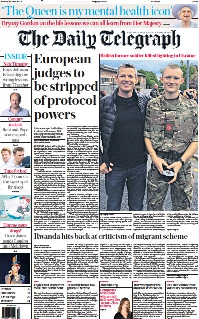 The Daily Telegraph Newspaper Front Page (UK) for 13 June 2022