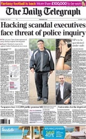 The Daily Telegraph Newspaper Front Page (UK) for 13 July 2011