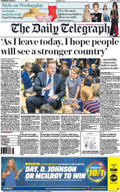 The Daily Telegraph Newspaper Front Page (UK) for 13 July 2016