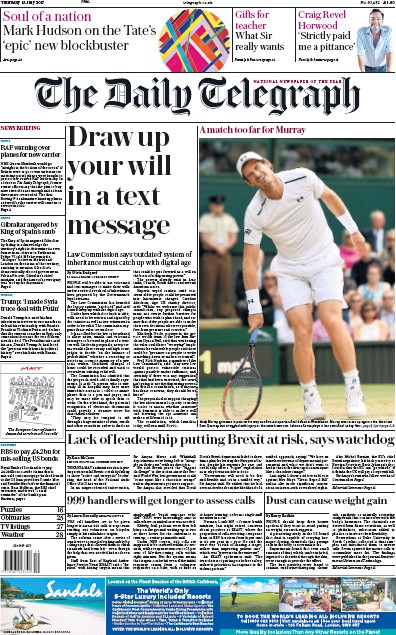The Daily Telegraph Newspaper Front Page (UK) for 13 July 2017
