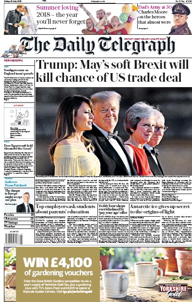 The Daily Telegraph Newspaper Front Page (UK) for 13 July 2018