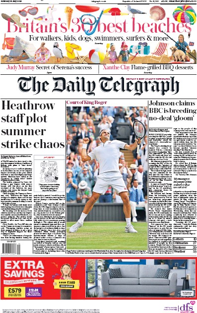 The Daily Telegraph Newspaper Front Page (UK) for 13 July 2019