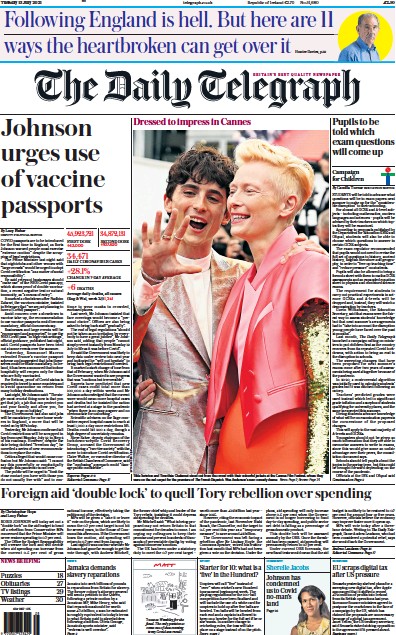The Daily Telegraph Newspaper Front Page (UK) for 13 July 2021