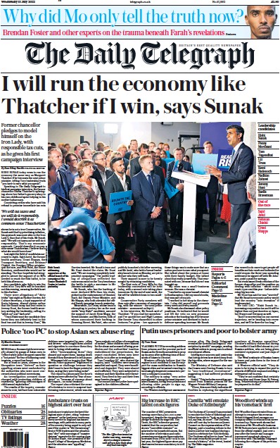 The Daily Telegraph Newspaper Front Page (UK) for 13 July 2022