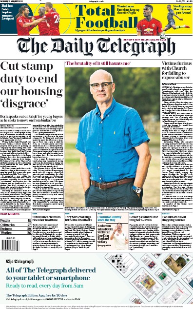 The Daily Telegraph Newspaper Front Page (UK) for 13 August 2018
