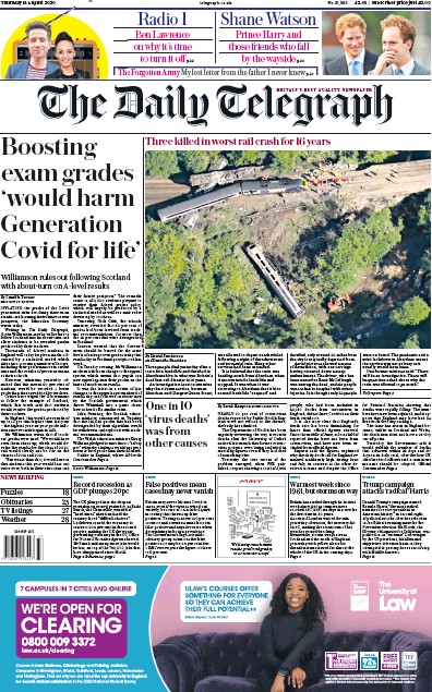 The Daily Telegraph Newspaper Front Page (UK) for 13 August 2020