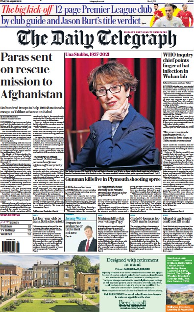 The Daily Telegraph Newspaper Front Page (UK) for 13 August 2021