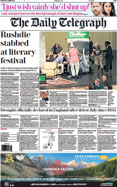 The Daily Telegraph Newspaper Front Page (UK) for 13 August 2022
