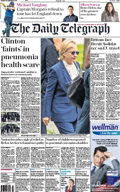 The Daily Telegraph Newspaper Front Page (UK) for 13 September 2016