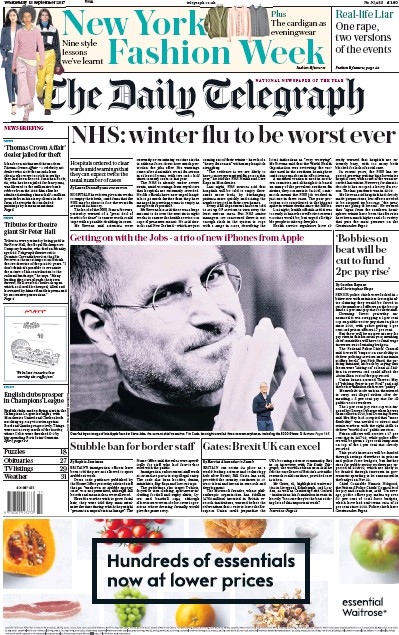 The Daily Telegraph Newspaper Front Page (UK) for 13 September 2017