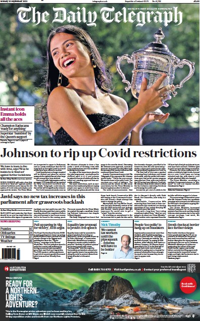 The Daily Telegraph Newspaper Front Page (UK) for 13 September 2021