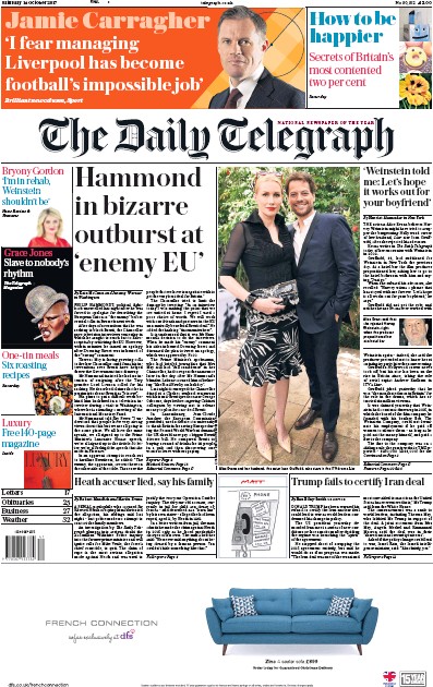 The Daily Telegraph Newspaper Front Page (UK) for 14 October 2017