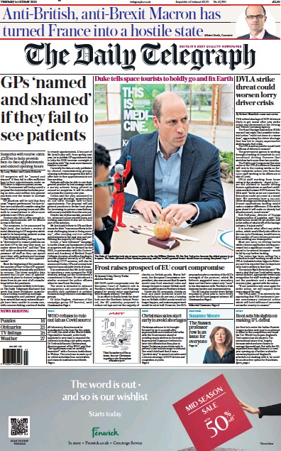 The Daily Telegraph Newspaper Front Page (UK) for 14 October 2021