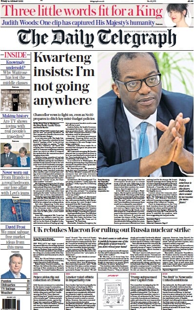 The Daily Telegraph Newspaper Front Page (UK) for 14 October 2022
