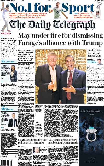 The Daily Telegraph Newspaper Front Page (UK) for 14 November 2016
