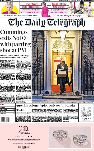 The Daily Telegraph Newspaper Front Page (UK) for 14 November 2020