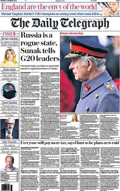 The Daily Telegraph Newspaper Front Page (UK) for 14 November 2022