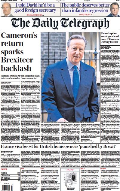 The Daily Telegraph Newspaper Front Page (UK) for 14 November 2023
