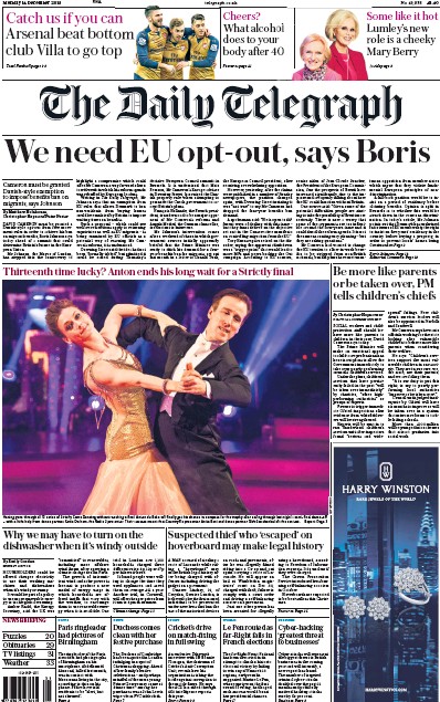 The Daily Telegraph Newspaper Front Page (UK) for 14 December 2015