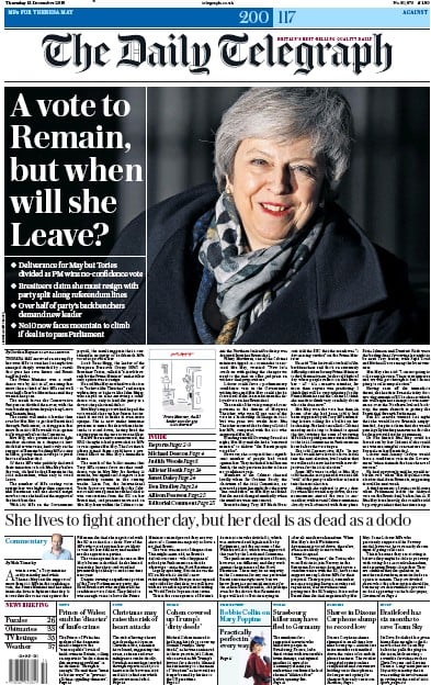 The Daily Telegraph Newspaper Front Page (UK) for 14 December 2018