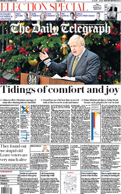 The Daily Telegraph Newspaper Front Page (UK) for 14 December 2019