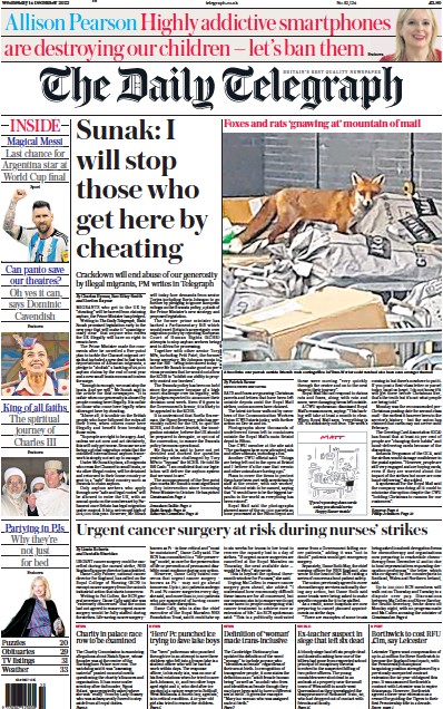 The Daily Telegraph Newspaper Front Page (UK) for 14 December 2022