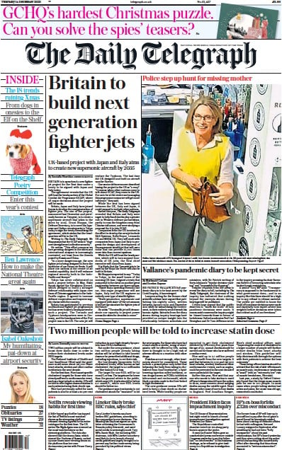 The Daily Telegraph Newspaper Front Page (UK) for 14 December 2023