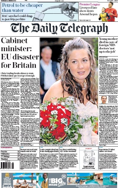 The Daily Telegraph Newspaper Front Page (UK) for 14 January 2016