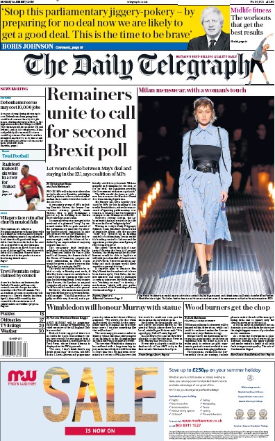 The Daily Telegraph Newspaper Front Page (UK) for 14 January 2019