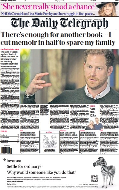 The Daily Telegraph Newspaper Front Page (UK) for 14 January 2023