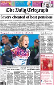 The Daily Telegraph Newspaper Front Page (UK) for 14 February 2014