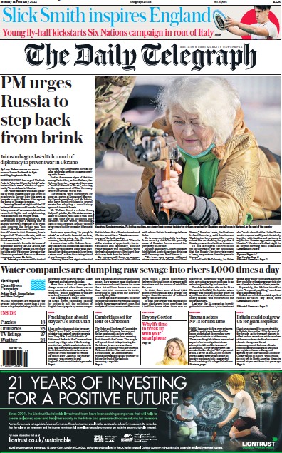 The Daily Telegraph Newspaper Front Page (UK) for 14 February 2022