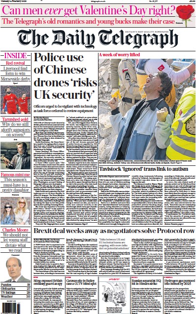 The Daily Telegraph Newspaper Front Page (UK) for 14 February 2023