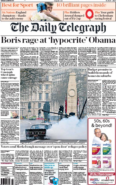 The Daily Telegraph Newspaper Front Page (UK) for 14 March 2016