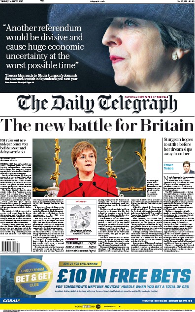 The Daily Telegraph Newspaper Front Page (UK) for 14 March 2017