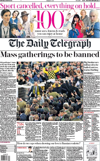 The Daily Telegraph Newspaper Front Page (UK) for 14 March 2020