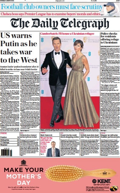 The Daily Telegraph Newspaper Front Page (UK) for 14 March 2022