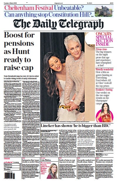 The Daily Telegraph Newspaper Front Page (UK) for 14 March 2023