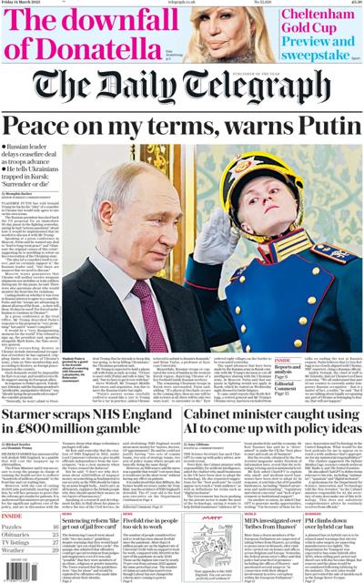 The Daily Telegraph Newspaper Front Page (UK) for 14 March 2025