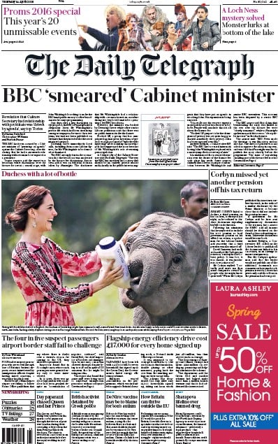 The Daily Telegraph Newspaper Front Page (UK) for 14 April 2016