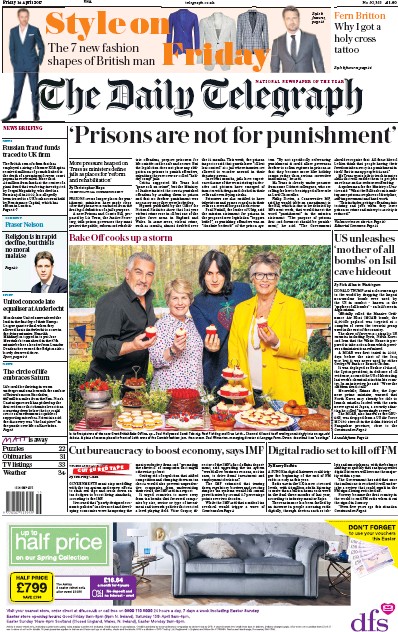 The Daily Telegraph Newspaper Front Page (UK) for 14 April 2017