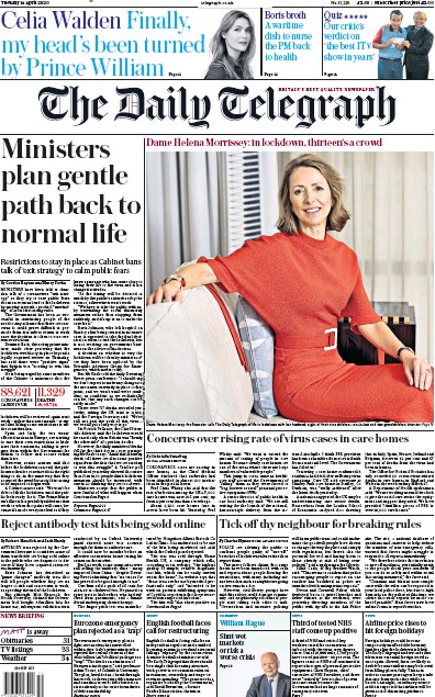 The Daily Telegraph Newspaper Front Page (UK) for 14 April 2020